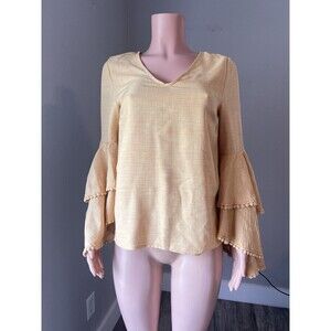 Hummingbird embroidered balloon Bell sleeves boho top Sz SMALL off Yellow #163